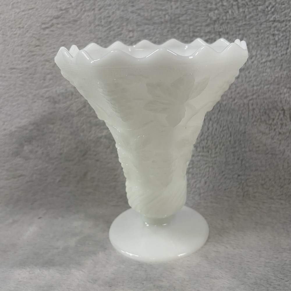 Vintage Milk Glass Grape Leaf Pedestal Vase Scalloped Ruffled Rim 6 Inch